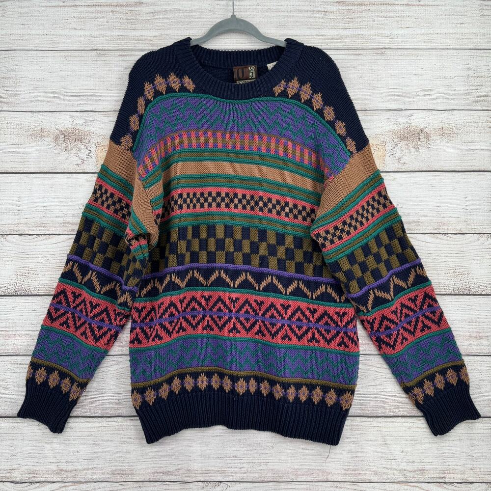 Vintage 90s Edison Cosby Style Crewneck Sweater Mens Large Multicolor Print